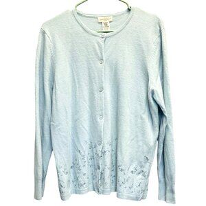 Yarnworks Women’s Cardigan Sweater XL Light Blue Lambswool & Angora Vine Detail